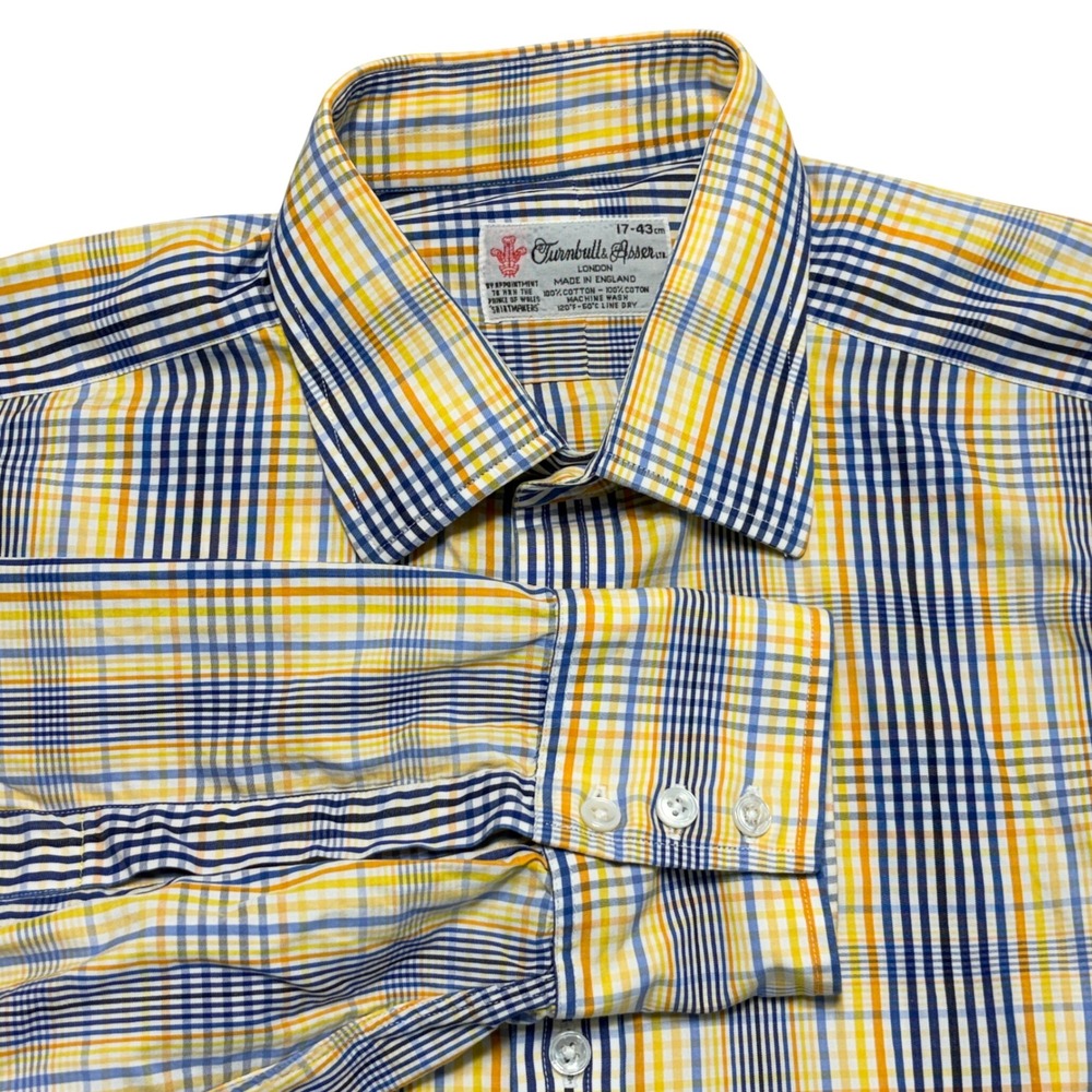 Turnbull & Asser London Mens 17-43 Plaid Dress Shirt Yellow Blue England Cotton
